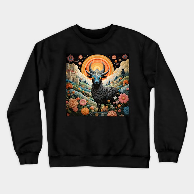 Surrealistic Folk Art Dark Floral Motif Goat Design Crewneck Sweatshirt by The Little Store Of Magic